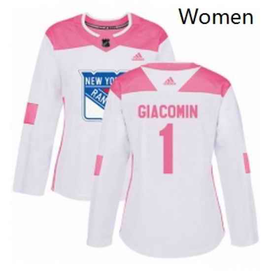 Womens Adidas New York Rangers 1 Eddie Giacomin Authentic WhitePink Fashion NHL Jersey
